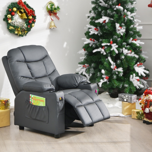 Costway Kids Youth Recliner Chair PU Leather w/Cup Holders & Side Pockets