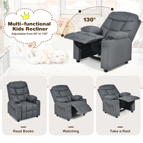 Costway Kids Youth Recliner Chair PU Leather w/Cup Holders & Side Pockets