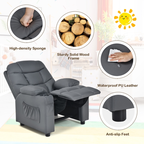 Costway Kids Youth Recliner Chair PU Leather w/Cup Holders & Side Pockets