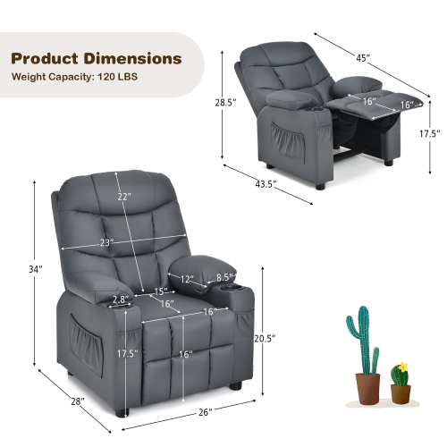 Costway Kids Youth Recliner Chair PU Leather w/Cup Holders & Side Pockets
