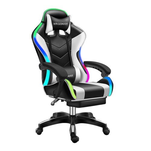 Fauteuil de jeu ergonomique dossier haut similicuir Wingomart éclairage DEL RVB et repose-pieds cuir PU haut dossier réglable hauteur réglable pivot.