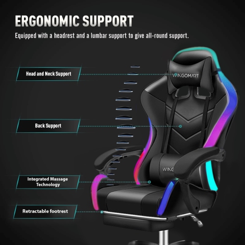 Fauteuil de jeu ergonomique dossier haut similicuir Wingomart éclairage DEL RVB et repose-pieds cuir PU haut dossier réglable hauteur réglable pivot.