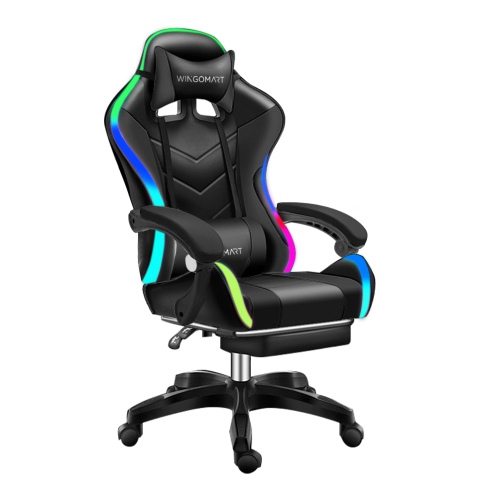 WINGOMART Ergonomic High-Back PU Faux Leather Gaming Chair With RGB LED light, Lumbar Massage & Footrest High Back Adjustable Swivel - Black