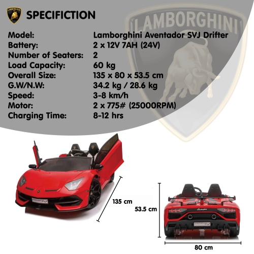 Lamborghini SVJ 24 Volts Drift Edition 2 places, voiture électrique enfant  24 Volts 7Ah, 2 moteurs