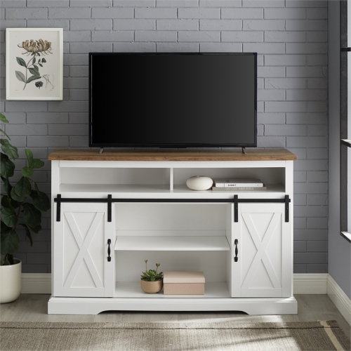 Bowery Hill Engineered Wood Sliding Barn Door Highboy Console in Solid White