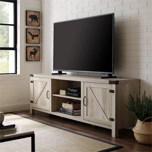 Pemberly Row 70" Farmhouse Barn Door TV Stand in White Oak