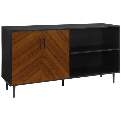 WALKER EDISON 58 Inch Bookmatch Asymmetrical Solid Black Tv Console I like that one side has doors so I can hide the game consoles and DVD player and I can display decorative items on the other side
