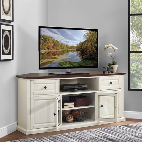 Pemberly Row 60" Corner TV Stand in White and Mahogany