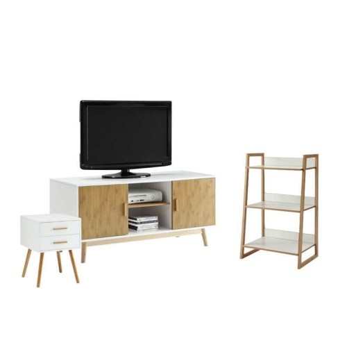 HOME SQUARE 3 Piece Living Room Set With End Table And Bookcase And Tv Stand In Natural And White