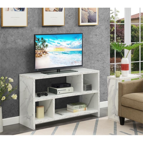 Northfield TV Stand Console with Shelves in White Faux Marble Wood Finish