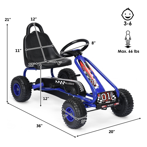 Topbuy 4-Wheel Kids Pedal Powered Ride on Go Kart with Adjustable Seat & Handbrake Blue