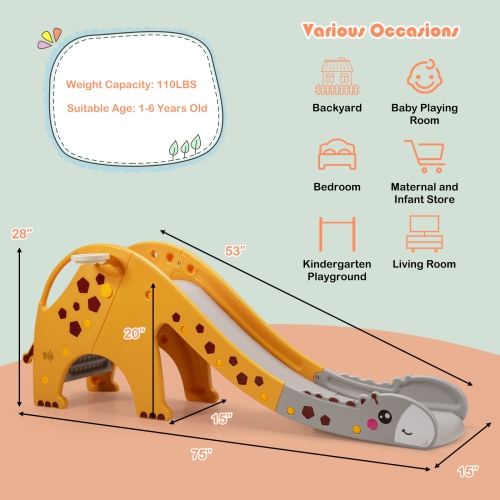 Topbuy Kids Giraffe Slide Baby Play Climber Slide Set with Basketball Hoop Yellow/Green