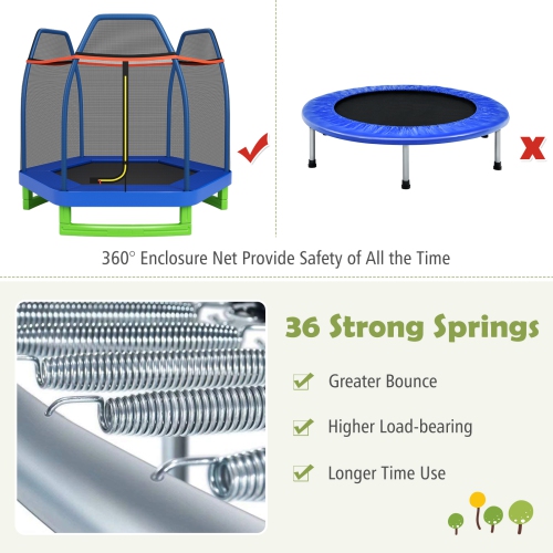 Topbuy 7ft Kids Trampoline Round Bounce Jumping Bed with Safety Enclosure Net Blue/Yellow/Green