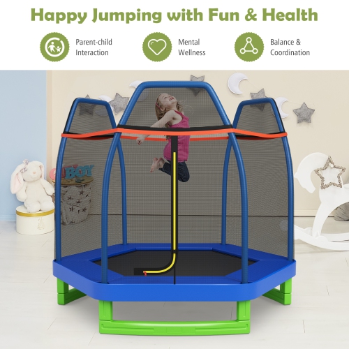 Topbuy 7ft Kids Trampoline Round Bounce Jumping Bed with Safety Enclosure Net Blue/Yellow/Green