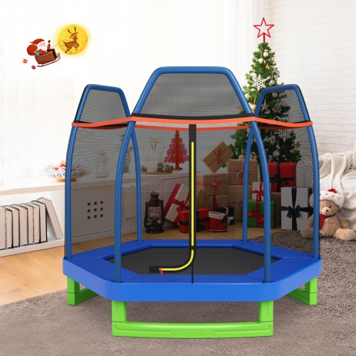 Topbuy 7ft Kids Trampoline Round Bounce Jumping Bed with Safety Enclosure Net Blue/Yellow/Green