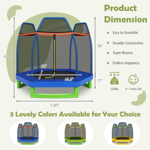 Topbuy 7ft Kids Trampoline Round Bounce Jumping Bed with Safety Enclosure Net Blue/Yellow/Green