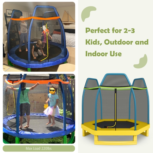 Lit rebondissant rond avec filet de sécurité pour enfants de 7 pi de TopBuy avec trampoline pour enfants - Bleu - Jaune - Vert
