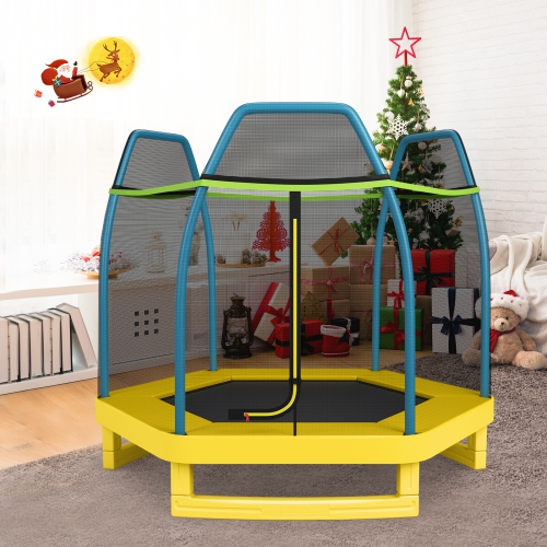 Lit rebondissant rond avec filet de sécurité pour enfants de 7 pi de TopBuy avec trampoline pour enfants - Bleu - Jaune - Vert
