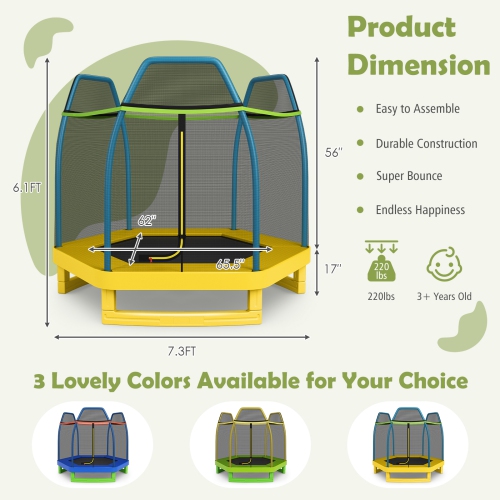 Lit rebondissant rond avec filet de sécurité pour enfants de 7 pi de TopBuy avec trampoline pour enfants - Bleu - Jaune - Vert