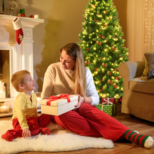 Gymax 6.5FT Pre-Lit Christmas Tree Hinged Artificial Tree Indoor w/ LED Lights