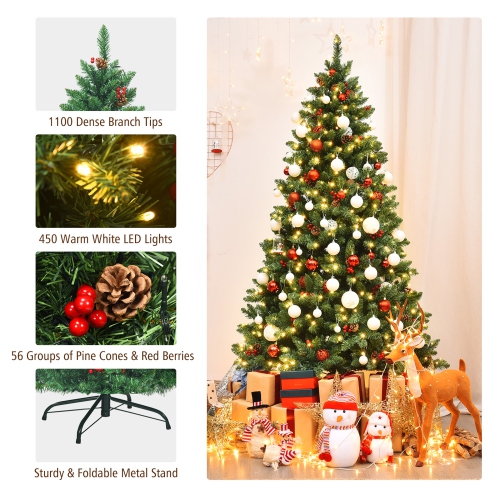 Gymax 6.5FT Pre-Lit Christmas Tree Hinged Artificial Tree Indoor w/ LED Lights