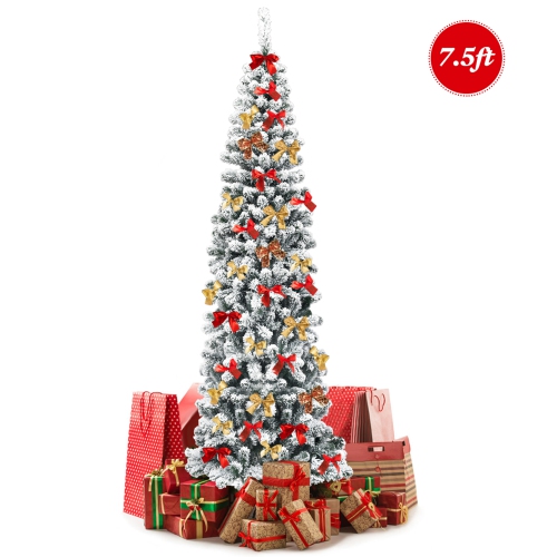 GYMAX  7.5Ft Snow Flocked Pencil Christmas Tree Artificial Pine Tree W/ Metal Stand