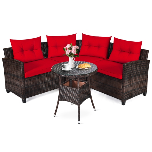 Topbuy 4PCS Outdoor Patio Conversation Set Wicker Rattan Sectional Sofa W/Cushions Black/Tan/Turquoise/Navy/Red