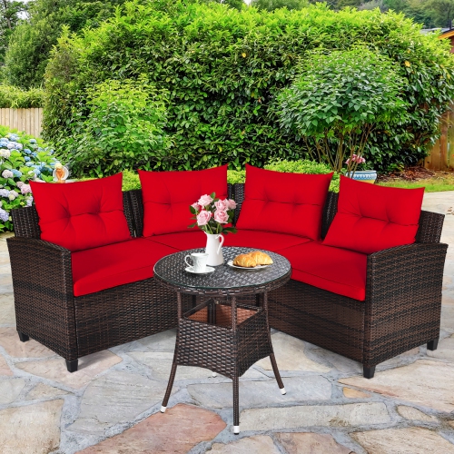Topbuy 4PCS Outdoor Patio Conversation Set Wicker Rattan Sectional Sofa W/Cushions Black/Tan/Turquoise/Navy/Red