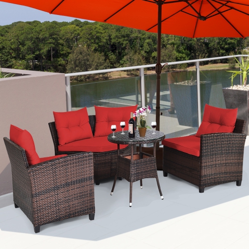 Topbuy 4PCS Outdoor Patio Conversation Set Wicker Rattan Sectional Sofa W/Cushions Black/Tan/Turquoise/Navy/Red
