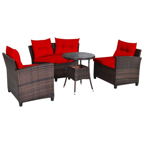 Topbuy 4PCS Outdoor Patio Conversation Set Wicker Rattan Sectional Sofa W/Cushions Black/Tan/Turquoise/Navy/Red