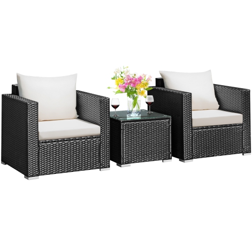 TOPBUY  Patiojoy 3PCs Patio Rattan Furniture Conversation Set With 2 Cushioned Sofas & Coffee Table for Outdoor Red/turquoise/navy/white