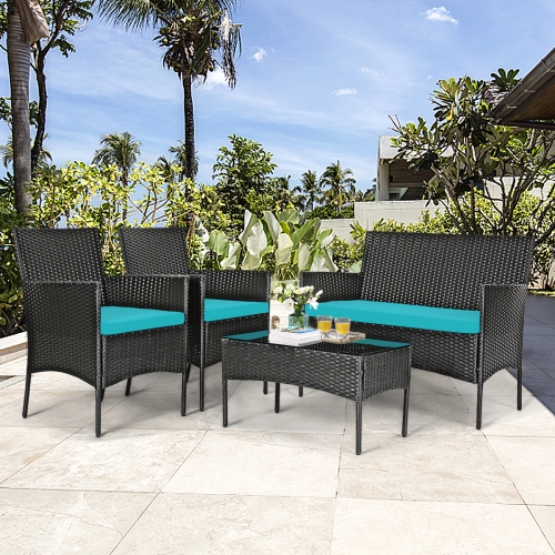 Topbuy Rattan Patio Conversation Set Cushioned Sofa with Coffee Table Red/Turquoise
