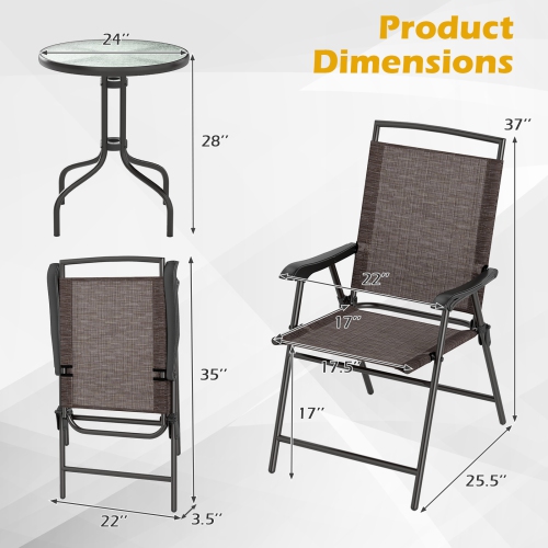 Topbuy 3 Pieces Bistro Set Outdoor Furniture Set w/Tempered Glass Table Umbrella Hole Quick-dry Fabric