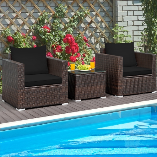 Topbuy 3 PCS Patio Rattan Furniture Set with 2 Cushioned Sofas & Coffee Table for outdoor Turquoise/ Red