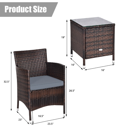 Topbuy 3-Piece Patio Wicker Rattan Furniture Set Conversation Sofa Set W/Coffee Table Grey