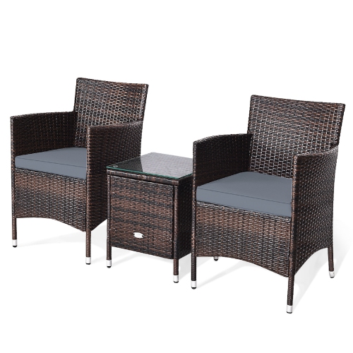 Topbuy 3-Piece Patio Wicker Rattan Furniture Set Conversation Sofa Set W/Coffee Table Grey