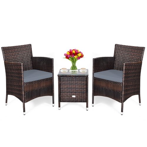 Topbuy 3-Piece Patio Wicker Rattan Furniture Set Conversation Sofa Set W/Coffee Table Grey