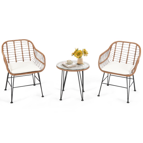 TOPBUY  3 PCs Patio Rattan Furniture Set With Round Tempered Glass Top Table & 2 Rattan Armchairs White/turquoise/red