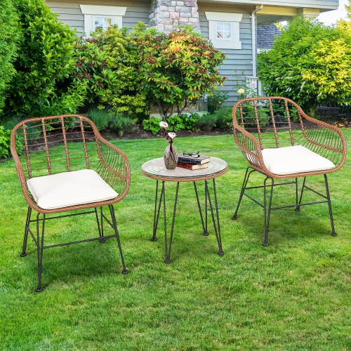 Topbuy 3 PCS Patio Rattan Furniture Set with Round Tempered Glass Top Table & 2 Rattan Armchairs White/Turquoise/Red