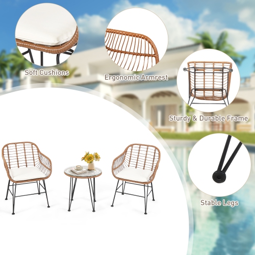Topbuy 3 PCS Patio Rattan Furniture Set with Round Tempered Glass Top Table & 2 Rattan Armchairs White/Turquoise/Red