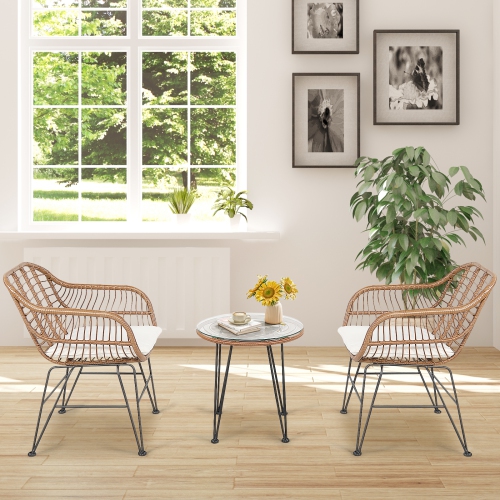 Topbuy 3 PCS Patio Rattan Furniture Set with Round Tempered Glass Top Table & 2 Rattan Armchairs White/Turquoise/Red