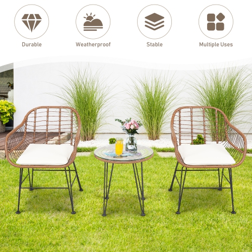 Topbuy 3 PCS Patio Rattan Furniture Set with Round Tempered Glass Top Table & 2 Rattan Armchairs White/Turquoise/Red