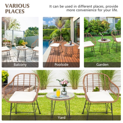 Topbuy 3 PCS Patio Rattan Furniture Set with Round Tempered Glass Top Table & 2 Rattan Armchairs White/Turquoise/Red