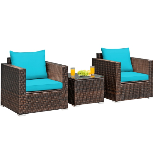 Topbuy 3 PCS Patio Rattan Furniture Set with 2 Cushioned Sofas & Coffee Table for outdoor Turquoise/ Red