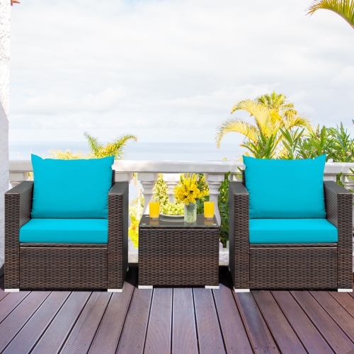 Topbuy 3 PCS Patio Rattan Furniture Set with 2 Cushioned Sofas & Coffee Table for outdoor Turquoise/ Red