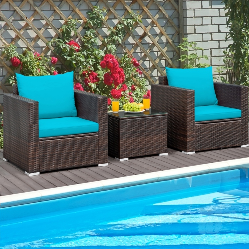 Topbuy 3 PCS Patio Rattan Furniture Set with 2 Cushioned Sofas & Coffee Table for outdoor Turquoise/ Red