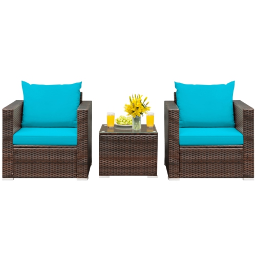 Topbuy 3 PCS Patio Rattan Furniture Set with 2 Cushioned Sofas & Coffee Table for outdoor Turquoise/ Red