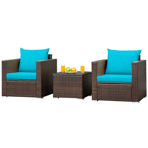Topbuy 3 PCS Patio Rattan Furniture Set with 2 Cushioned Sofas & Coffee Table for outdoor Turquoise/ Red