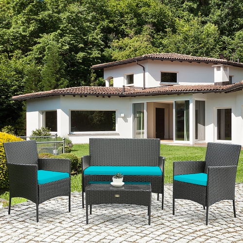 Topbuy Rattan Patio Conversation Set Cushioned Sofa with Coffee Table Red/Turquoise