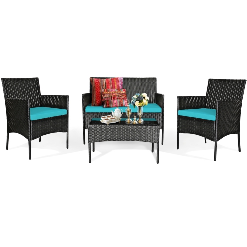 Topbuy Rattan Patio Conversation Set Cushioned Sofa with Coffee Table Red/Turquoise